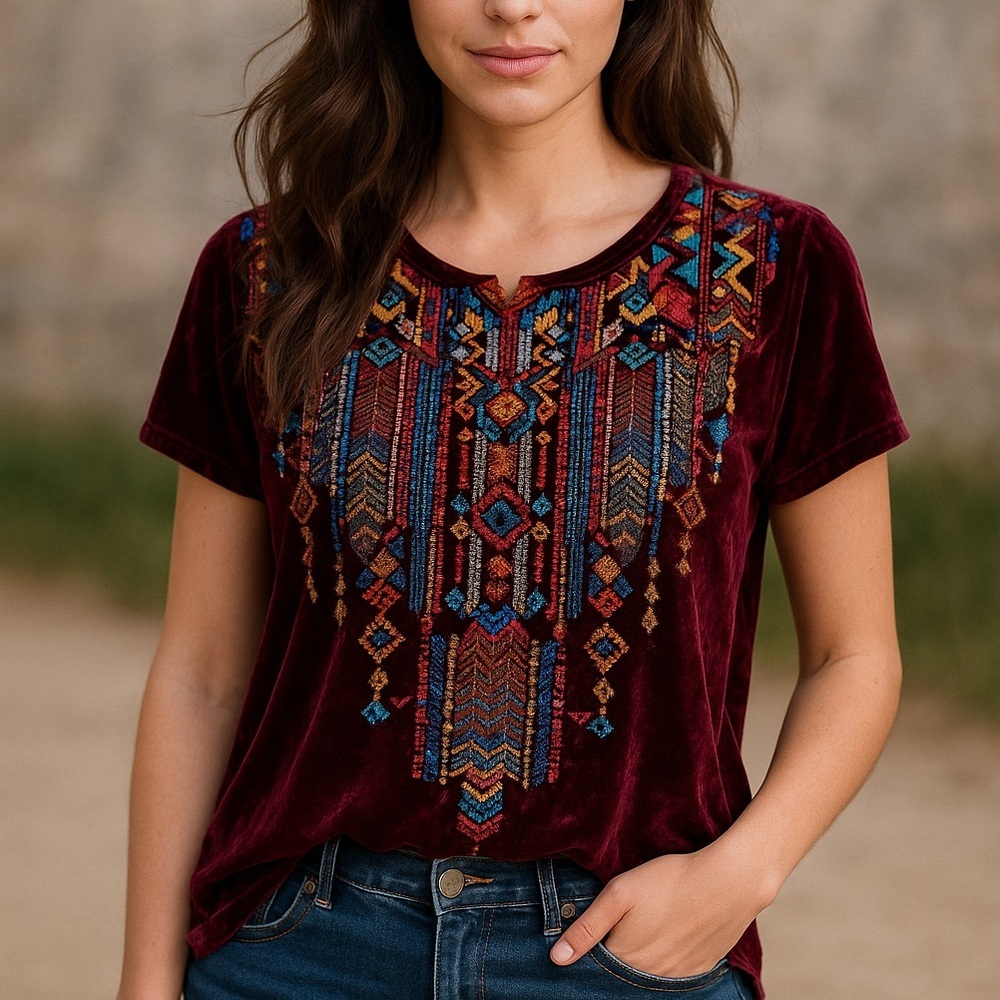 Johnny Was Cleo heavily embroidered burgundy velvet flutter sleeve blouse NWT
